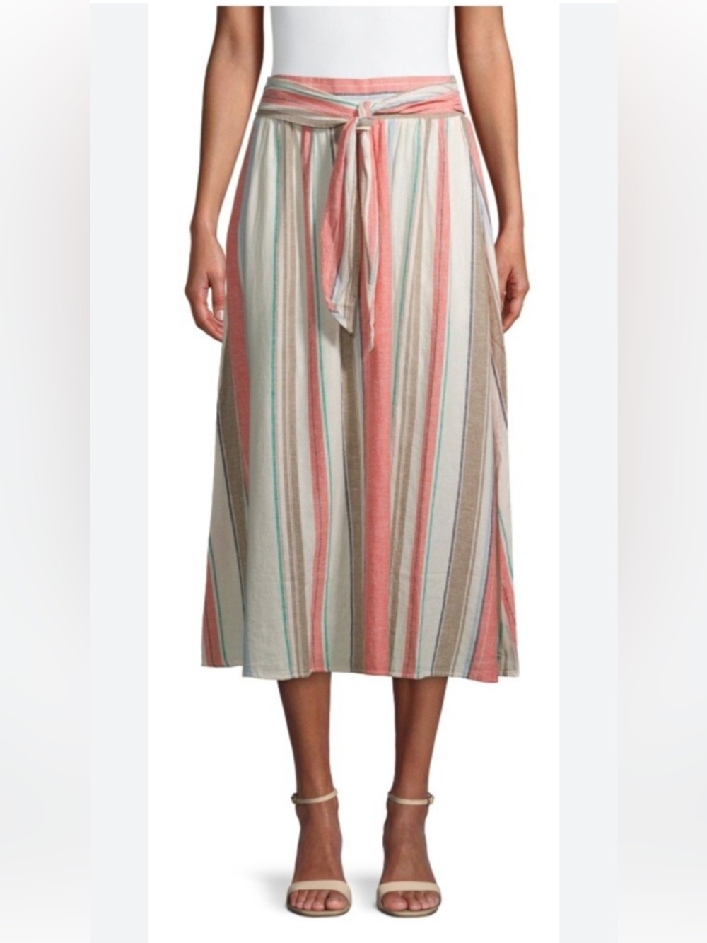 Time and Tru Striped Linen Blend Midi Skirt in Coral, Teal & Cream